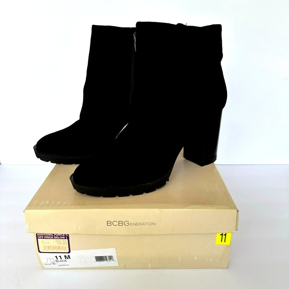 BCBG Black Suede Laliah Ankle Boots Block Heel Sz 11 NEW in BOX